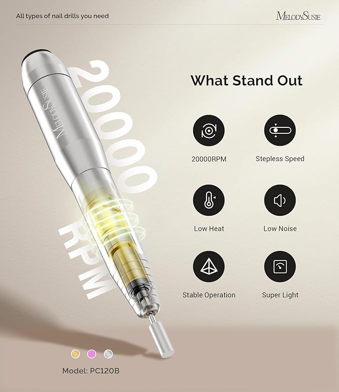 MelodySusie Portable Electric Nail Drill,PC120B Compact Efile Electrical Professional Nail File Kit for Acrylic, Gel Nails, Manicure Pedicure Polishing Shape Tools Design for Home Salon Use, Silver-Velvo Beauty