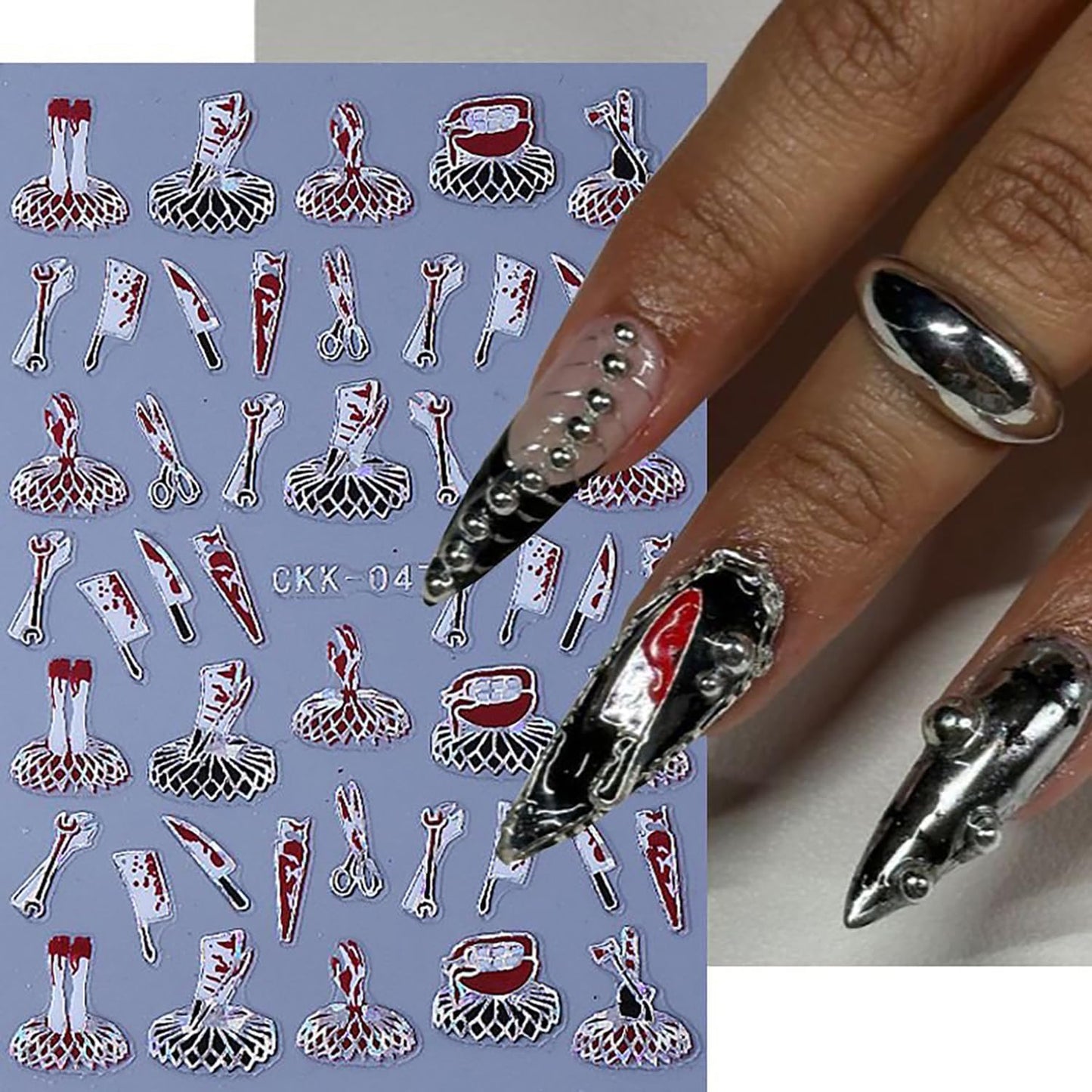 6 Sheets Halloween Nail Art Stickers 3D Self -Adhesive Bloods Hand Skeleton Nail Decals Holographic Blood Knives Nail Stickers Halloween Nail Decoration for Women Manicure Supplies-Velvo Beauty
