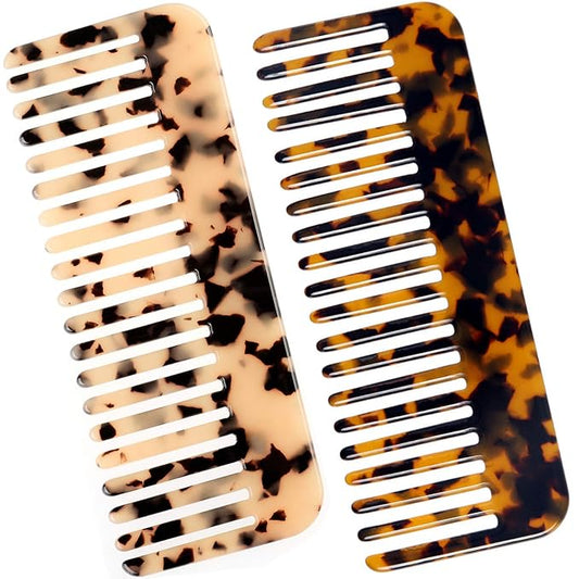 Fsmiling Wide Tooth Comb Large Detangling Comb Cellulose Detangler Comb for Women Thick Curly Wavy Wet Dry Hair 2 Pack,Tortoise shell-Velvo Beauty