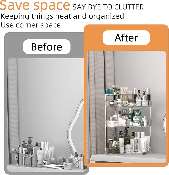Makeup Organizer Countertop 3 Tier, Corner Bathroom Countertop Organizer with Toothbrush and Makeup Brush Holder, Corner Vanity Tray for Skincare Organization-Velvo Beauty