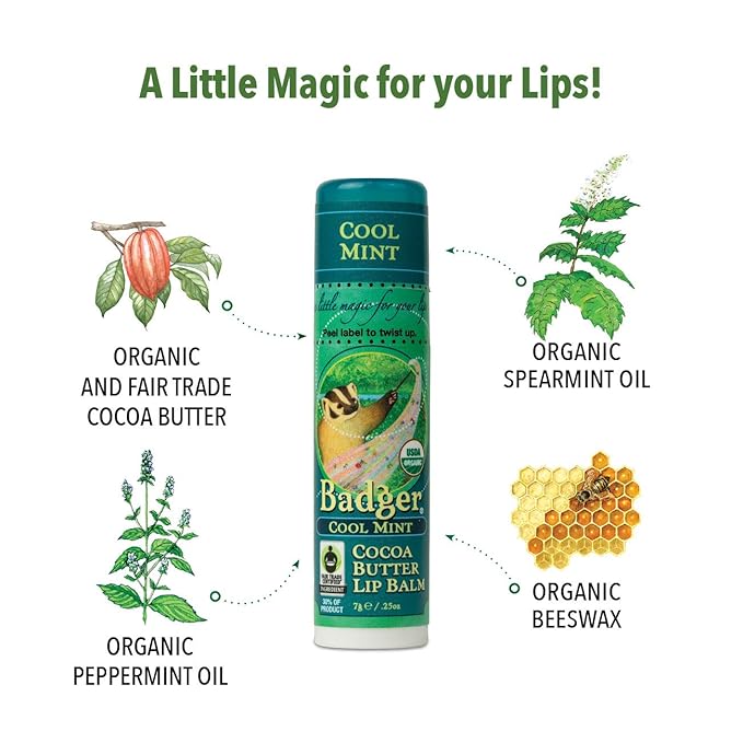 Badger - Cocoa Butter Lip Balm, Cool Mint, Certified Organic Lip Balm, Fair Trade, Natural Lip Balm, Lip Butter, Lip Balm Cocoa Butter, Cocoa Care Lip Balm, 0.25 oz-Velvo Beauty