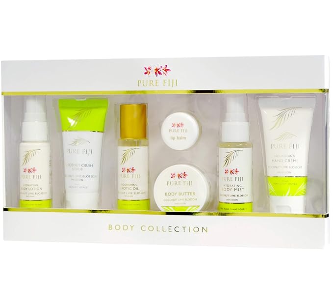 Pure Fiji Body Collection 7pacs- Bath and Body Gift Set Include - Body Mist,Coconut Crush, Body Oil, Body Butter, Soap, Body Lotion, Hand Creme - Travel Size, Scent Coconut Lime Blossom-Velvo Beauty