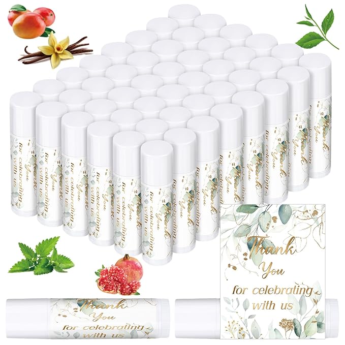 Dunzy 50 Pcs Thank You Gift Lip Balm Bulk Baby Shower Party Favors Bridal Shower Favor Lip Care with Assorted Fruit Flavors Thank You Lipstick for Guest Basket Gift Stuffer (Eucalyptus)-Velvo Beauty