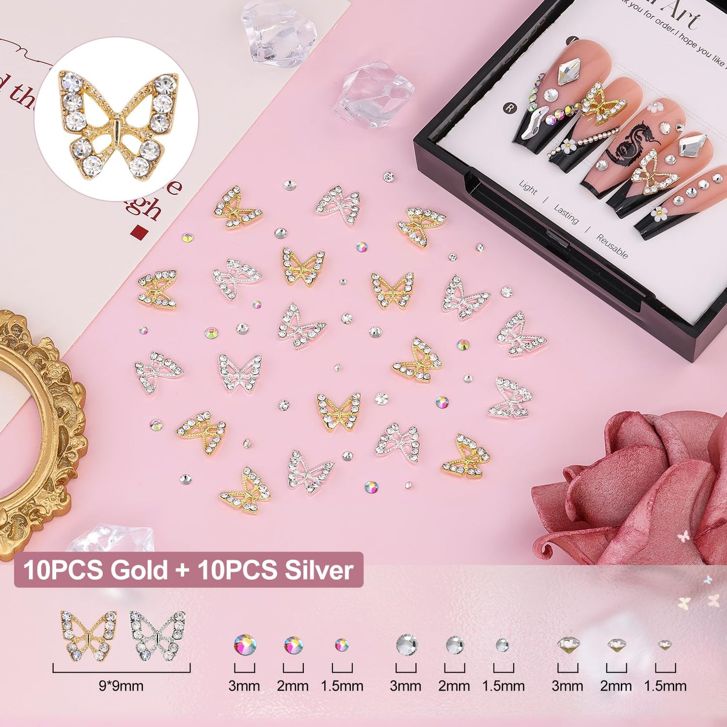 3D Nail Charms and Gems Set 10 with Rhinestone Glue, 20PCS Chunky Butterfly Charms + 60PCS Nail Bows in 2 Styles + 3D Flowers with Crystals, Pearls, Diamonds, and Picker Tools for Y2K Nail Decor-Velvo Beauty