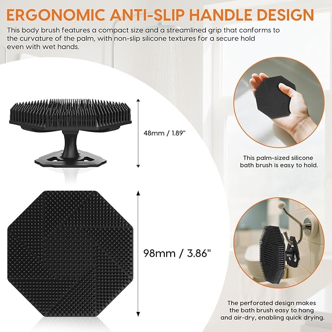 Soft Silicone Body Scrubber Brush, Non-Slip Handheld Cleansing Brush, Rich Foam, Deep Exfoliation, Brightening Skin, Comfortable Massage, for All Skin Types, Men and Women (Black)-Velvo Beauty