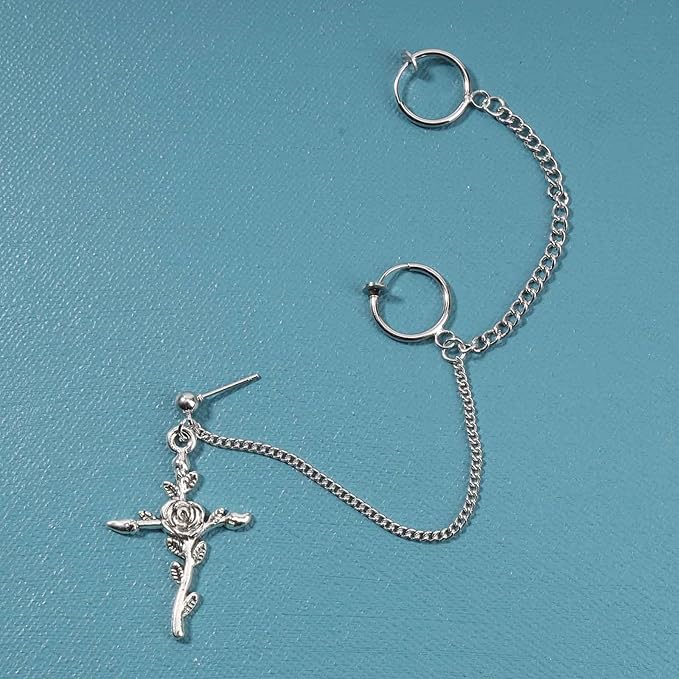 Cross Chain Cuff Earrings Silver Cross Dangle Chain Earrings Long Crucifix Drop Earrings Religious Ear Cuff Wrap Chain Earrings Jewelry for Women and Girls-Velvo Beauty
