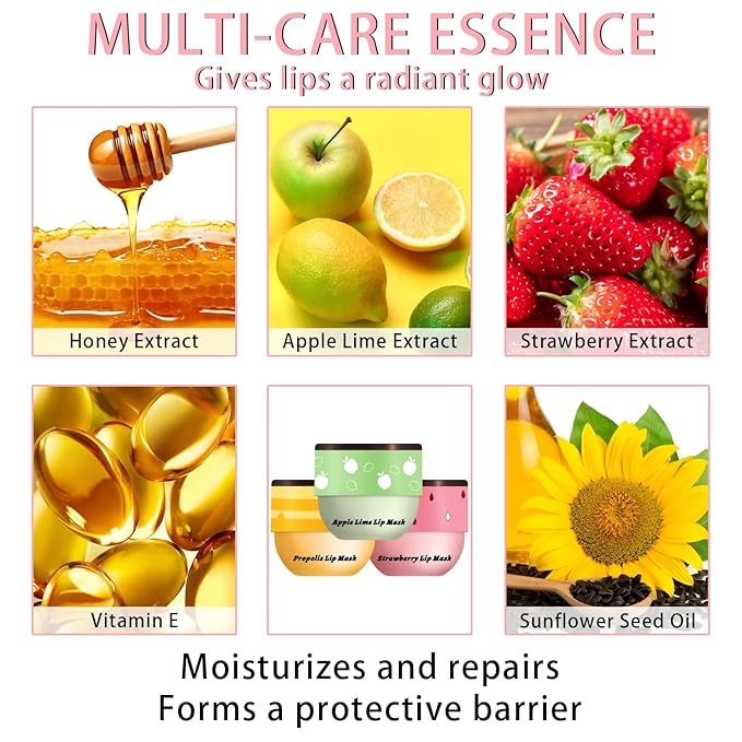 3 Pcs Bee Lip Balm Honey Pot, Honey Strawberry Apple Lip Mask Overnight, Moisturizing Lip Sleeping Mask, Hydrate Repair Prevent Dry Cracked Lip Exfoliator Lip Care (Honey+Strawberry+Apple Lime)-Velvo Beauty