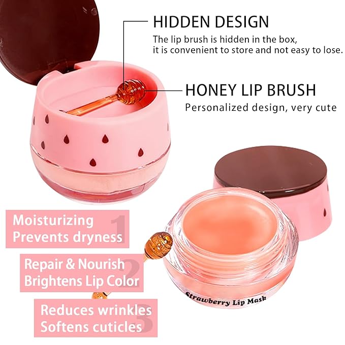 3 PCS Bee Lip Balm Honey Pot, Honey & Strawberry & Watermelon Lip Mask Overnight Propolis Moisturizing Lip Balm Hydrating Prevention Dry and Crack Lip Scrubs Exfoliator Lip Wrinkle Care (Set B)-Velvo Beauty