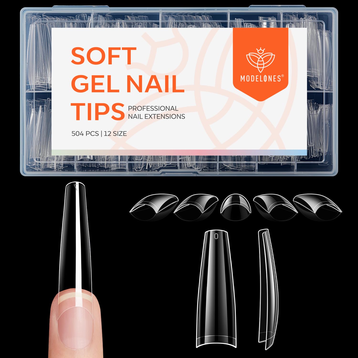 modelones XXL Long Coffin French Nail Tips, 504 PCS No C Curve Half Cover Clear Acrylic Fake Nails Tips Gel Pre-shaped 12 Sizes with Box-Velvo Beauty
