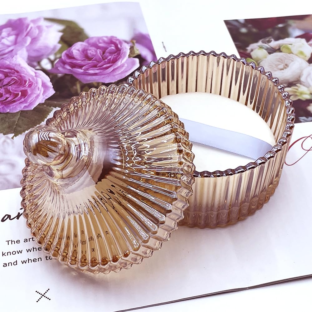 Ultra Soft Powder Puff and Container 3.3" High Density Velvet Dusting Washable Reusable Powder Puff,Body Powder Puff and Glass Jar Holder Loose Powder Box with Puff for Face Makeup(Amber)-Velvo Beauty