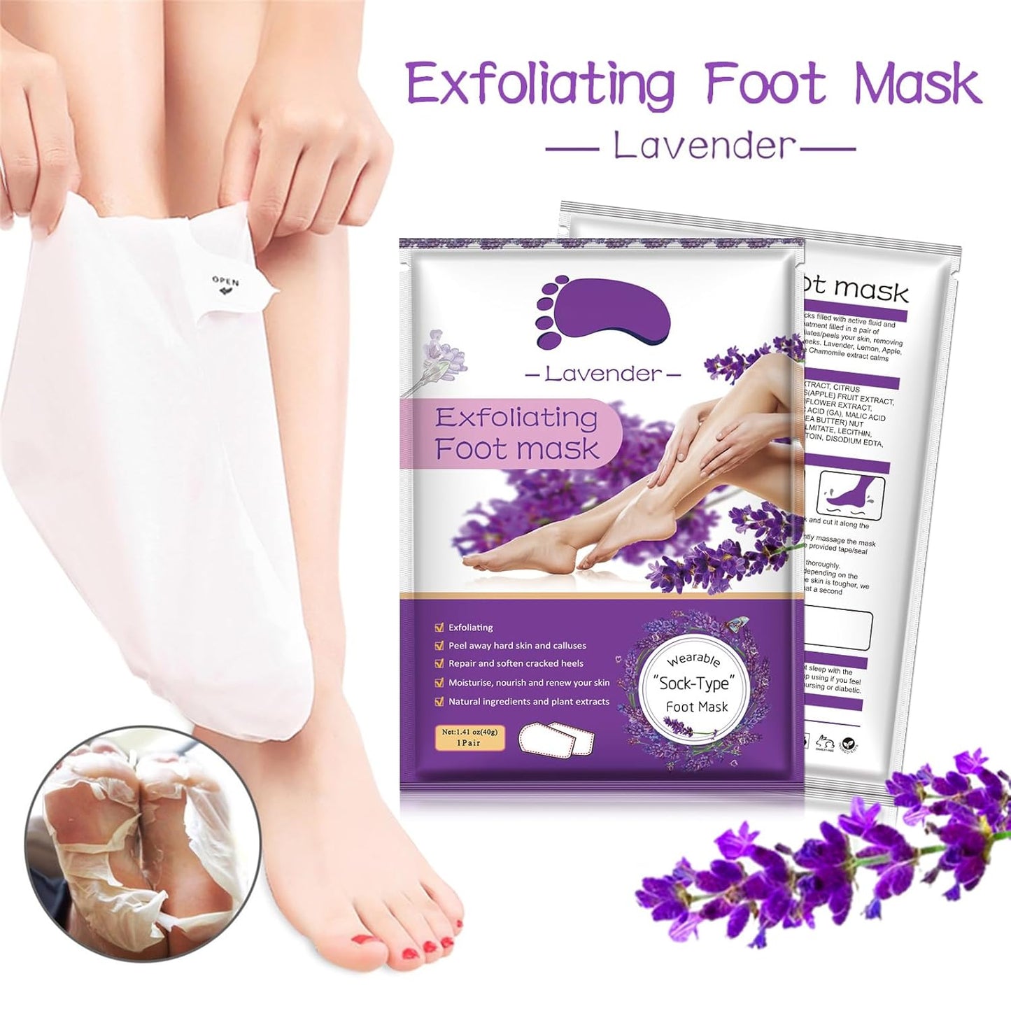 Foot Peeling Mask 5 Pack, Moisturizing Socks for Dry Foot Care, Hydrating Feet Peel Masks Repair Dry Cracked Heels, Remove Dead Skin,Callus - Women Men (Lavender)-Velvo Beauty