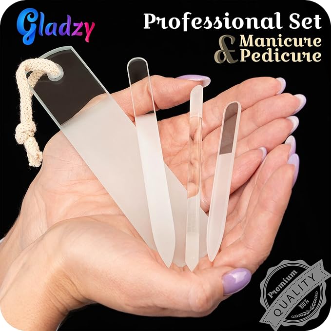 GLADZY Czech Glass Nail File Set - Multifunctional Nail Shiner Buffer, Callus Remover Foot Rasp, Glass Cuticle Pusher Manicure Stick, Etched Surface, Professional Nail Care Tool, Made in EU-Velvo Beauty