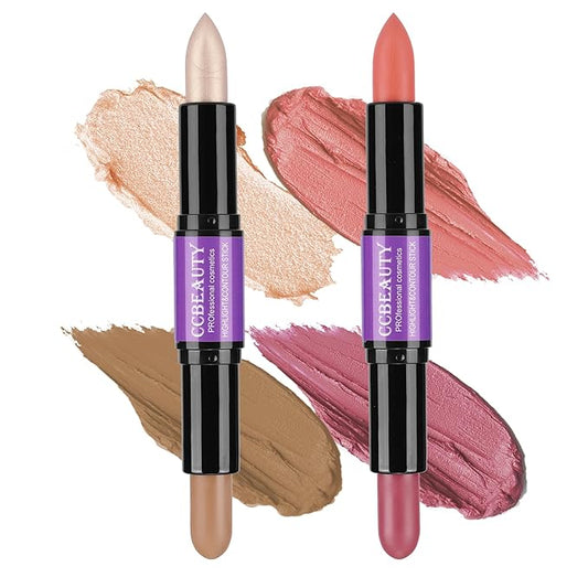 CCbeauty 2pcs 2-IN-1 Shimmer Contour Highlighter Stick with Blush,Cream Dual-End Highlight Bronzer Concealer & Blusher for Cheeks & Lip, Long Lasting Contouring for Face Shaping Makeup, Light-Medium-Velvo Beauty
