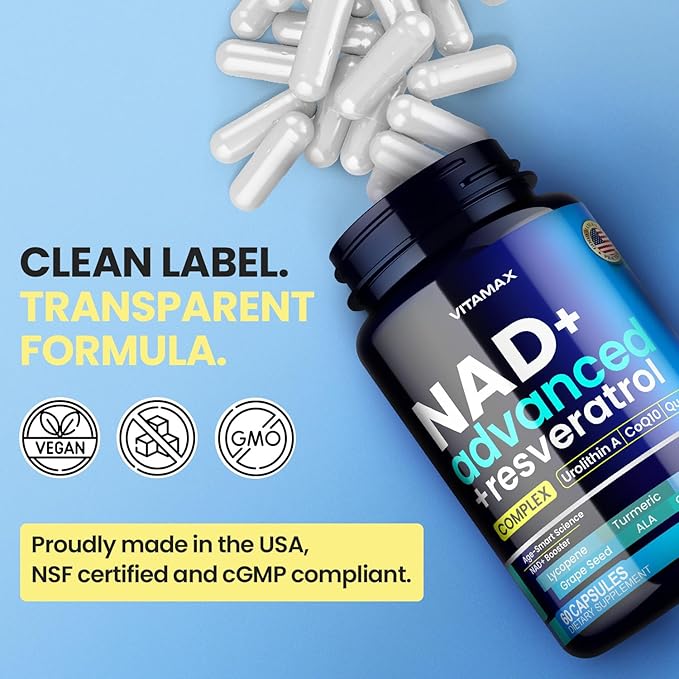 NAD Supplement Extra Strength - Liposomal + Resveratrol for Women & Men, CoQ10, Alpha Lipoic Acid, Green Tea, Quercetin, Urolithin A, Lycopene – High Purity Anti-Aging, Energy & Regeneration – 60ct-Velvo Beauty