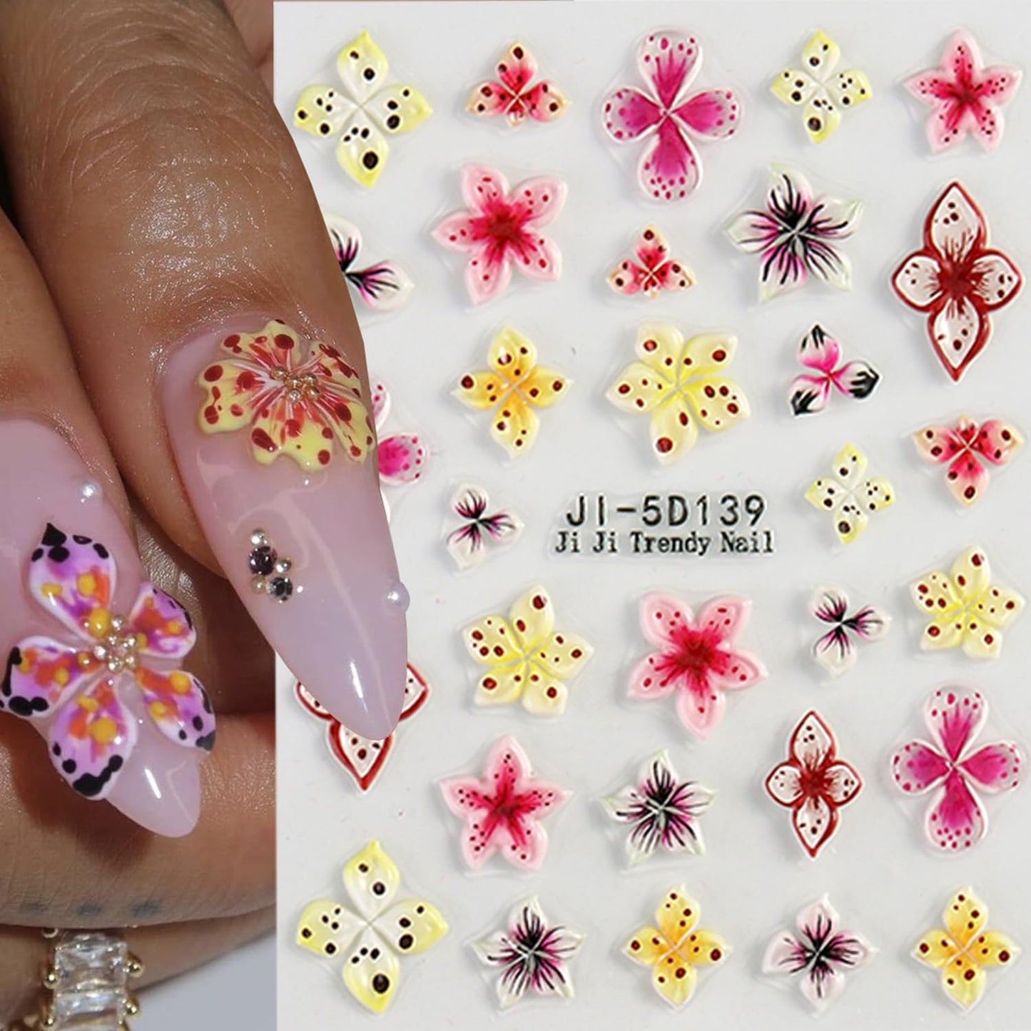 Colorful Flower Nails Art Stickers 5D Self-Adhesive Embossed Nails Stickers Hibiscus Flower Design Tropical Floral Nails Decal Supplies Women DIY Nail Art Decoration 3 Sheets-Velvo Beauty