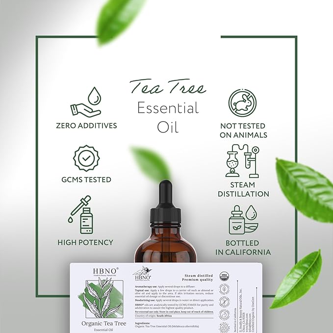 HBNO California Bottled Organic Tea Tree Oil for Skin & Hair - 4 fl oz (120ml) - USDA Certified Organic Tea Tree Oil for Aromatherapy-Velvo Beauty