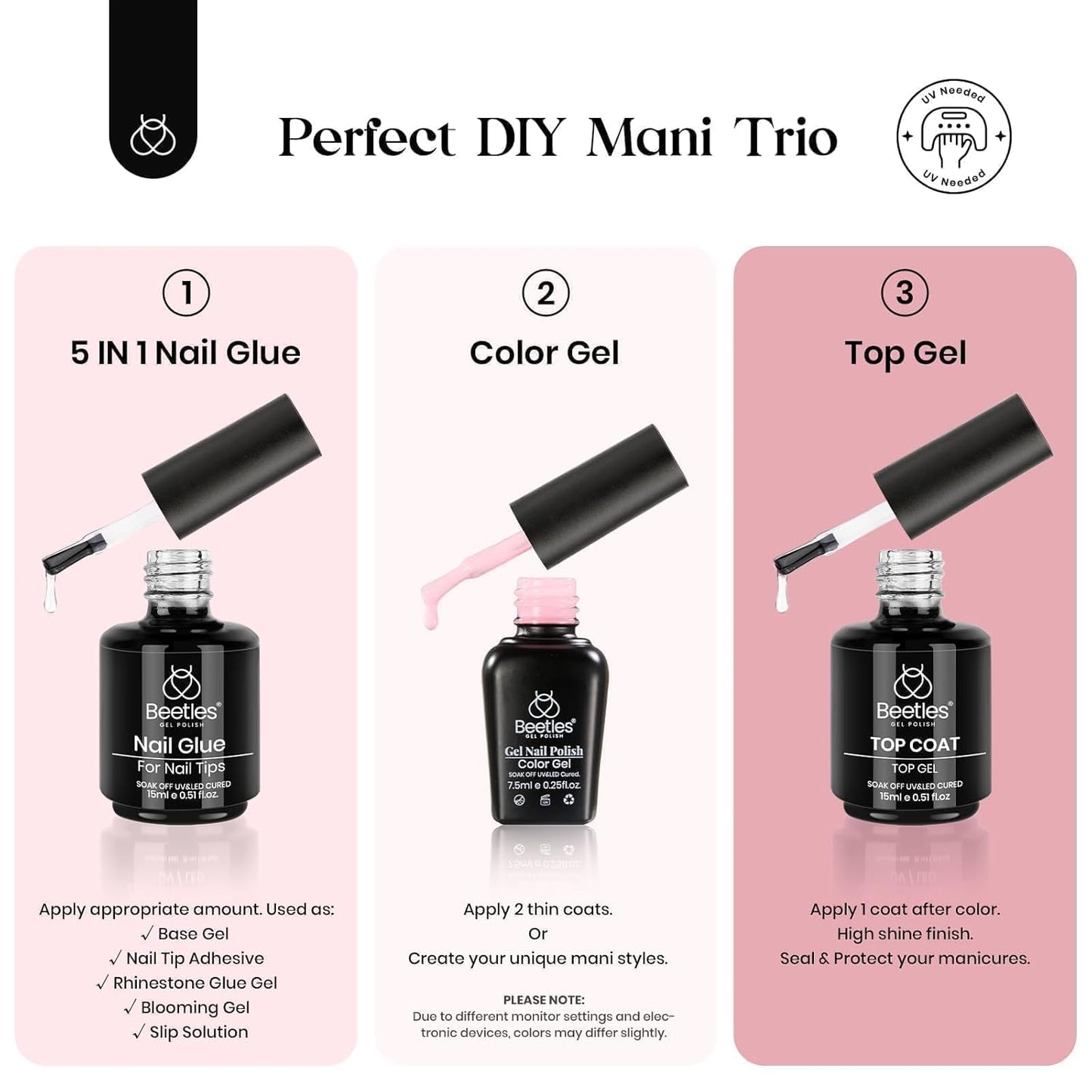 Beetles Gel Nail Kit Clear, Almond Medium, 600pcs 15 Sizes, with Pink Color Gel Top Coat 9 in 1 Glue Mini Nail Lamp, Fall Nails, Full Cover Easy Nail Extension Set for Home DIY Salon Gift for Women-Velvo Beauty