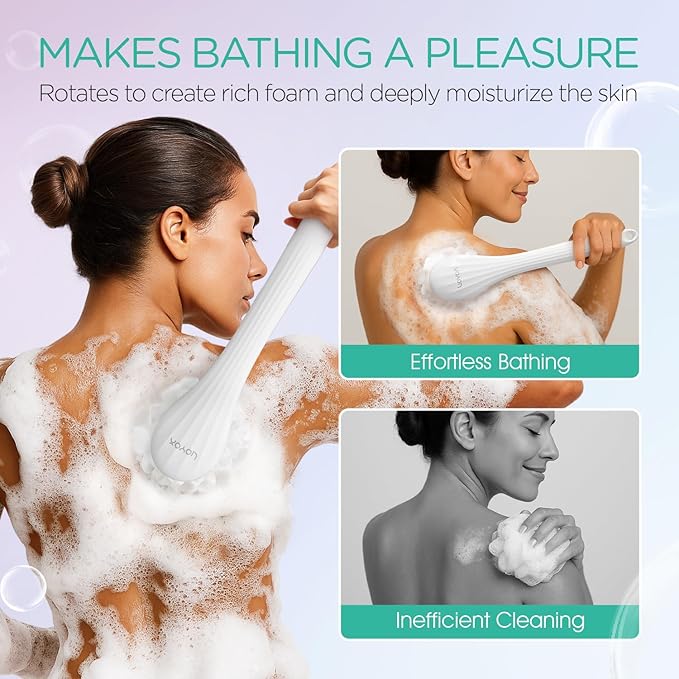 VOYOR Electric Body Brush Back Scrubber for Shower Rechargeable Exfoliating Bath Brush Powered Shower Brush with Non-Slip Long Handle Deep Cleansing, Exfoliation, Massaging Spin Brush BC100 (Pink)-Velvo Beauty