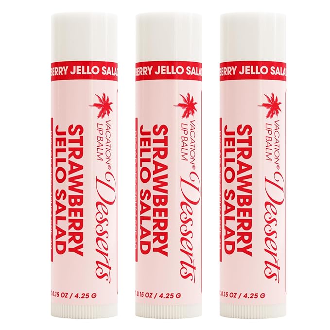 Vacation Strawberry Jello Salad SPF 30 Sunscreen Lip Balm 3-Pack, Lip Balm Made Without Beeswax, Lip Balm with Sunscreen, Lip Balm SPF Set, Lip Sunscreen, Water Resistant, Vegan (Pack of 3)-Velvo Beauty
