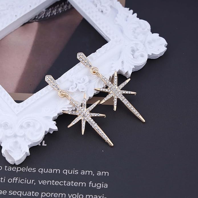 Vintage Crystal Northstar Dangle Earrings Rhinestone Northstar Studs Earrings Gold Cz Star Drop Earrings Sparkly Cz Starburst Earrings Jewelry for Women-Velvo Beauty