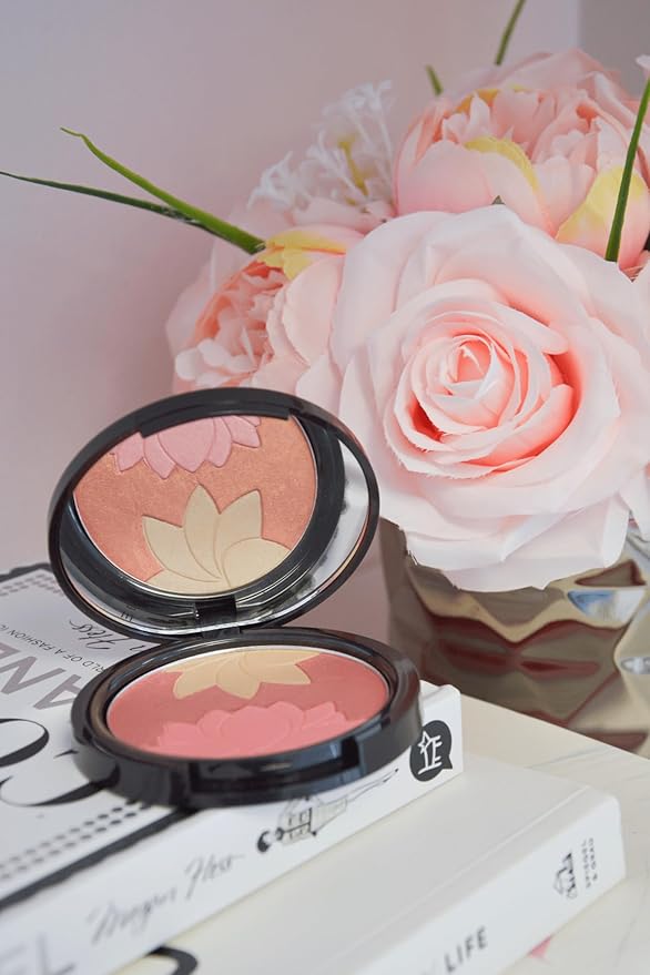 Manna Kadar Beauty - Blossom Floral Compact, Multi-functional Blush & Highlighter, 3 Shades of Pink, Coral, & Champagne for a Perfect Blend, Natural & Radiant, Use on Décolletage, Highly Pigmented-Velvo Beauty