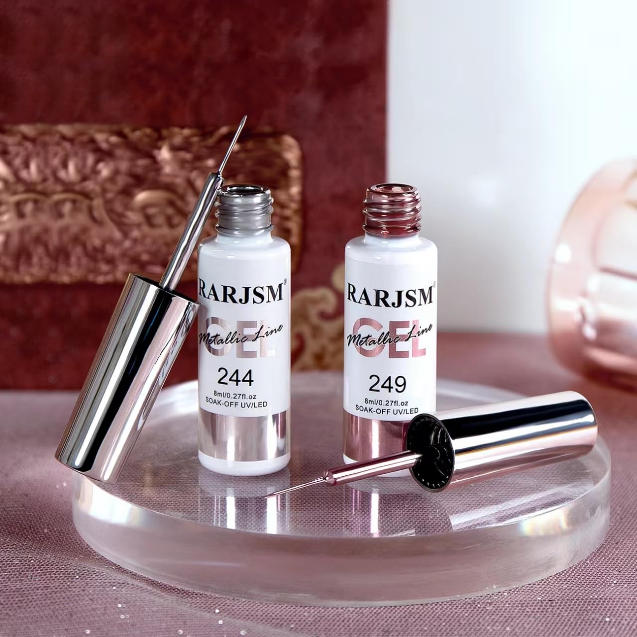 RARJSM Metallic Chrome Gel Liner Nail Art 3D Mirror Silver and Rose Gold Effect Gel Nail Polish 8ml Painting Build in Thin Brush Metal Painted Drawing Striper Gel Polish Curing Requires for Home Salon-Velvo Beauty