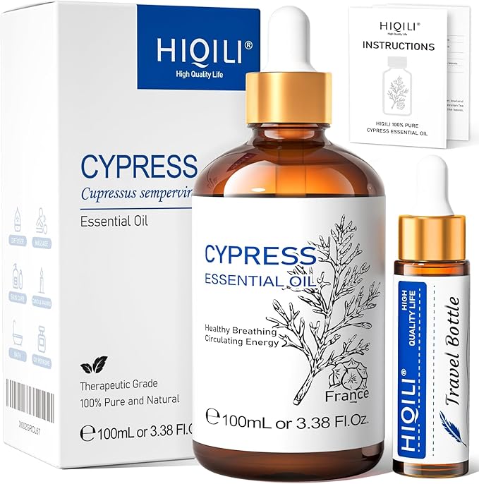 HIQILI 100ML Cypress Essential Oil, 100% Natural for Diffuser, Skin Care, Includes 10ML Travel Bottle - 3.38 Fl Oz-Velvo Beauty