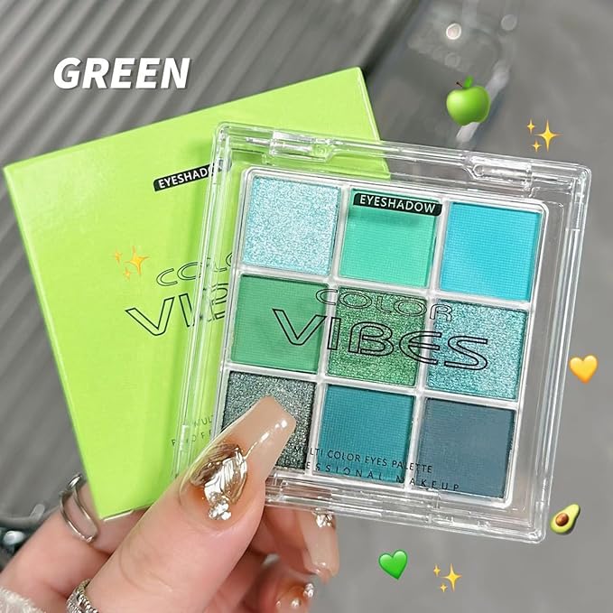Erinde Matte Shimmer Light Deep Green Eye Shadow Palette Makeup Eyeshadow, Long Lasting Waterproof Cruelty-Free, 9 Blendable Shades Smooth Finishes Powder with Gorgeous Pearls for Girls-Velvo Beauty