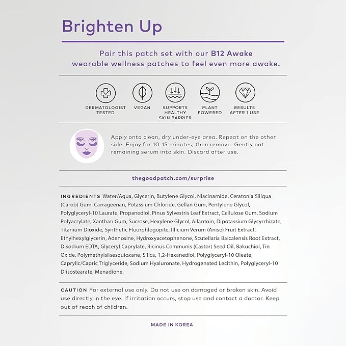 The Good Patch Brighten Up Hydrogel Under Eye Patches for Dark Circles and Puffy Eyes, Made with Niacinamide, Vitamin K, Pine Leaf Extract, Clinically Proven (12 Total Patch Sets)-Velvo Beauty