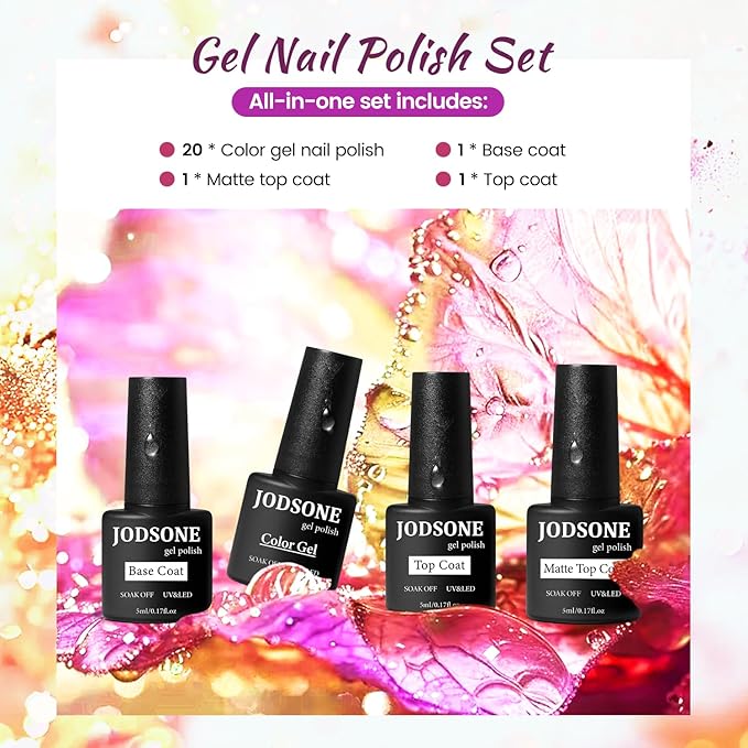 JODSONE 23 Bottles of Glitter Colorful and Elegant Gel Polish kit with 3 Bottles of Matte and Glossy Top Coat Base Coat Gel Nail Set-Velvo Beauty