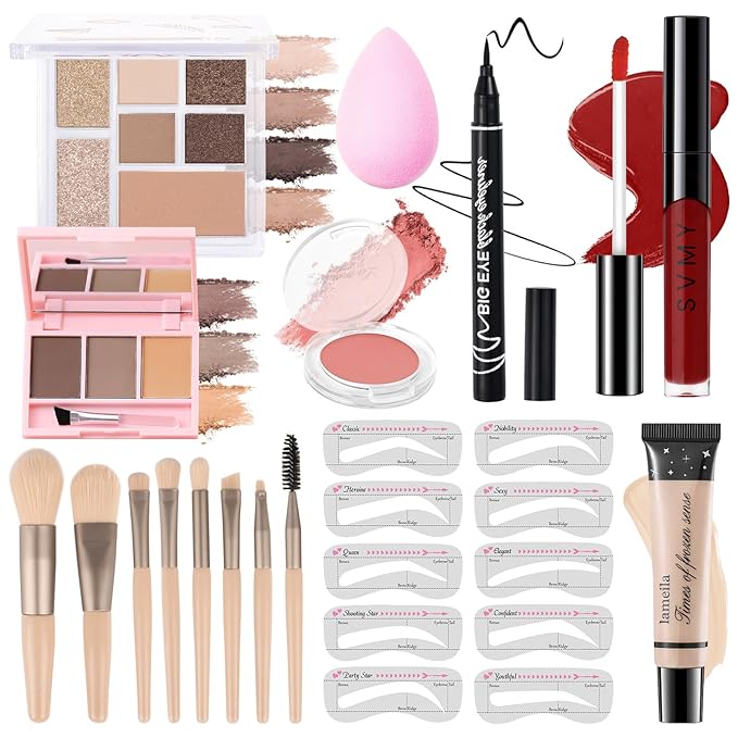 Makeup Kit for Teens Girls, Makeup Present Set for Women, Makeup Full Kit for Beginners, Mini Makeup Bundle Include 7 Latte colors Matte & Shimmer Pigmented Eyeshadow Palette, Eyebrow Powder-Velvo Beauty