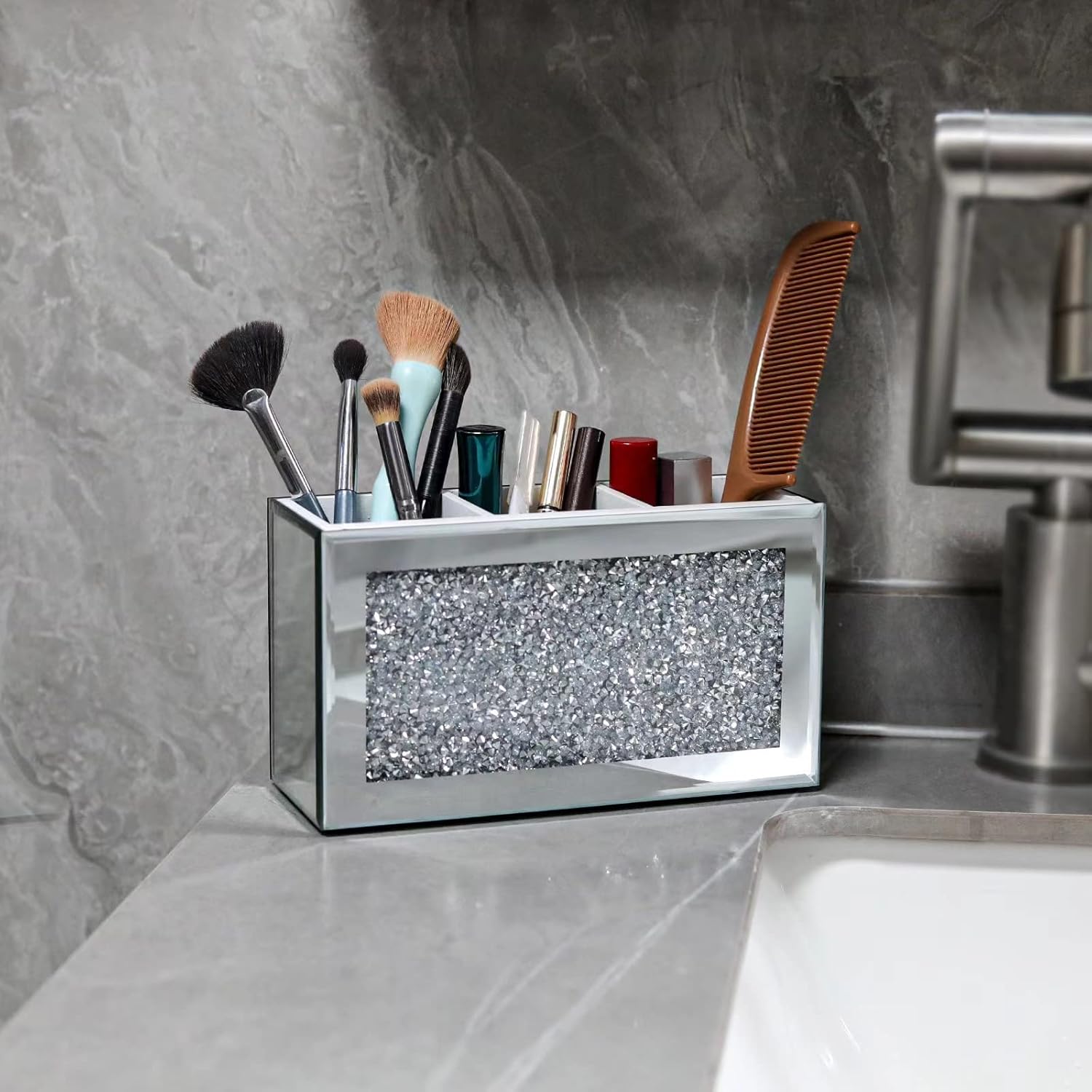 SWTHONY Silver Makeup Brush Holder Organizer, Bling 3 Slot Crushed Diamond Crystal Mirrored Cosmetic Brushes Storage, Eyeliners Eyebrow Pencil Display Case-Velvo Beauty