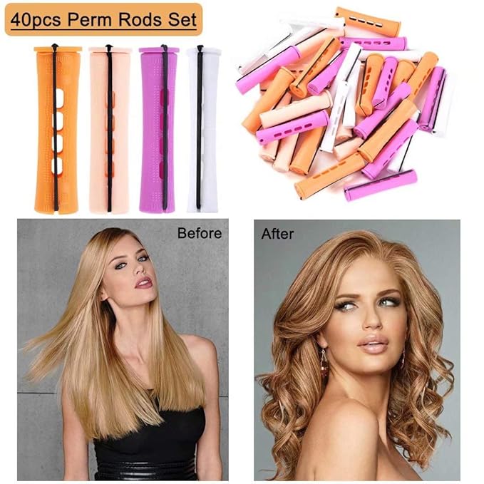 40pcs Perm Rods Set for Natural Hair 4 Sizes Cold Wave Rods Hair Rollers for Women Curling Rods for Long Medium Small Hair Curler Styling DIY Hairdressing Tools（Orange+Beige+Purple+white）-Velvo Beauty