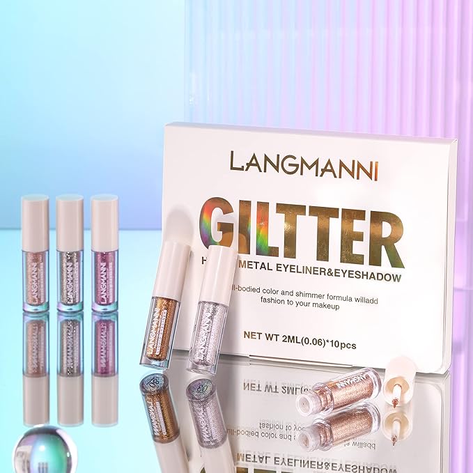 LANGMANNI 10Pcs Liquid Glitter Eyeshadow Korean Makeup Set, Shimmer,Pigmented,Long Lasting,Quick Drying,Easy to Apply Crystals Glitter Eyeshadow (10pcs Set)-Velvo Beauty