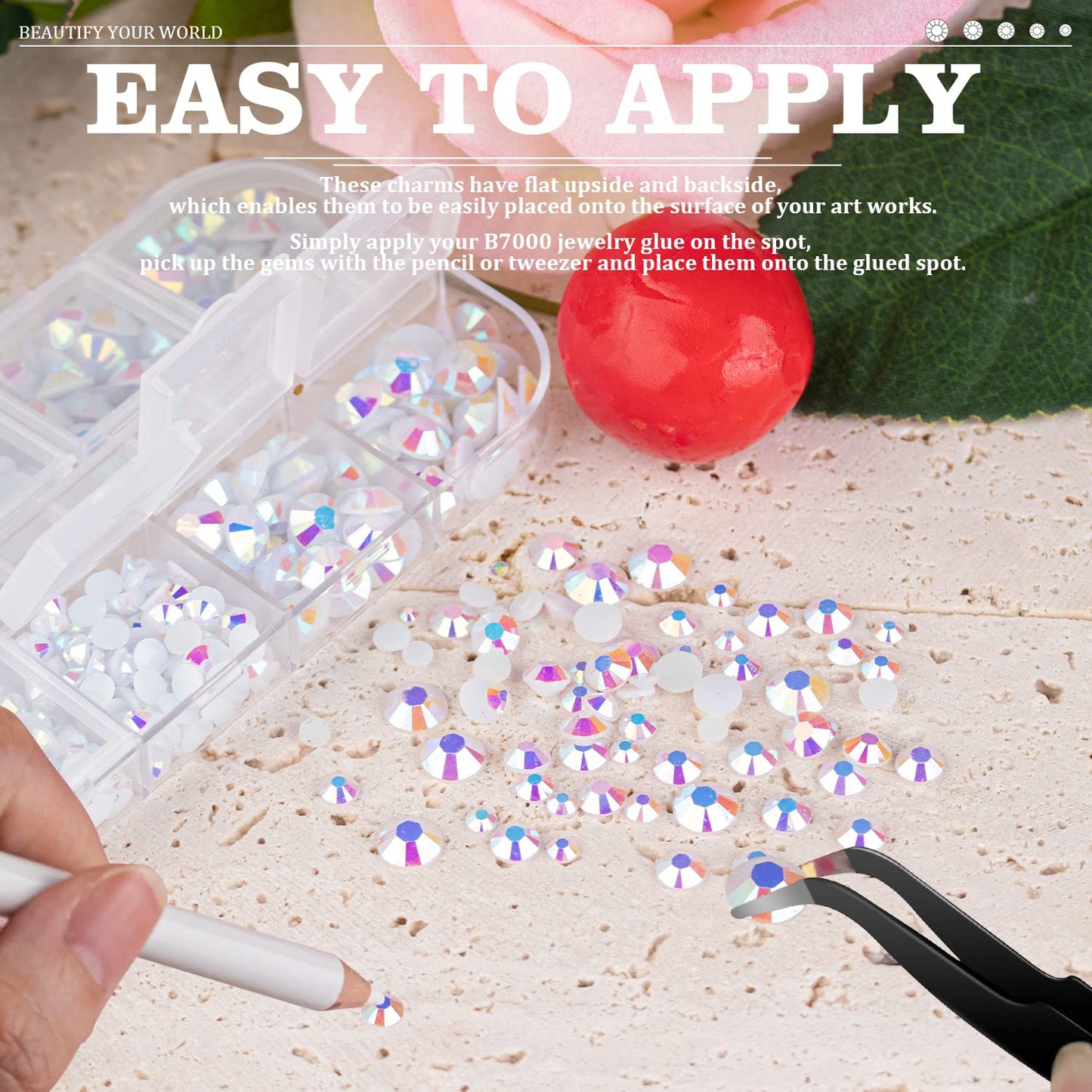 7000PCS Resin Rhinestones with Tweezers for Crafting, 2/3/4/5/6mm Flatback Jelly Rhinestones, 4 Box White AB Non Hotfix Crystal Gems for DIY Crafts Mugs Tumblers Clothes Makeup Nail-Velvo Beauty