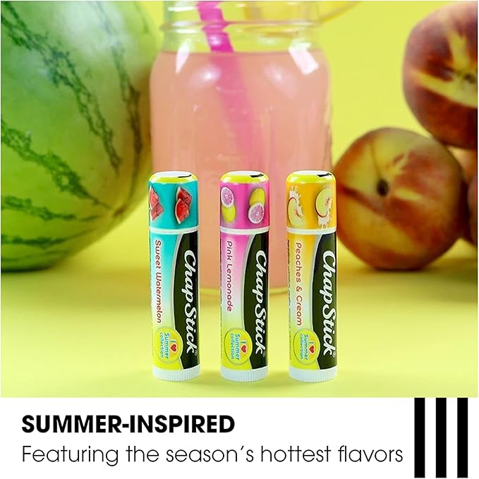 ChapStick I Love Summer Collection Pink Lemonade, Peaches and Cream, and Sweet Watermelon Lip Balm Tubes Variety Pack, Lip Balm Variety Pack - 0.15 Oz Each (Pack of 3)-Velvo Beauty