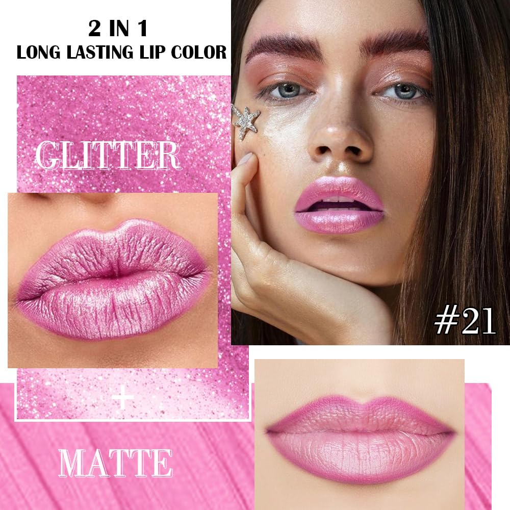 Kaely 2-in-1 Pink Metallic Lipstick and Lip Liner, Shimmer Liquid Metallic Lipsticks for Women, Glitter Lip Gloss Stain Long Lasting Waterproof Smudge Proof 24 Hour, Vegan Makeup, 21-Velvo Beauty