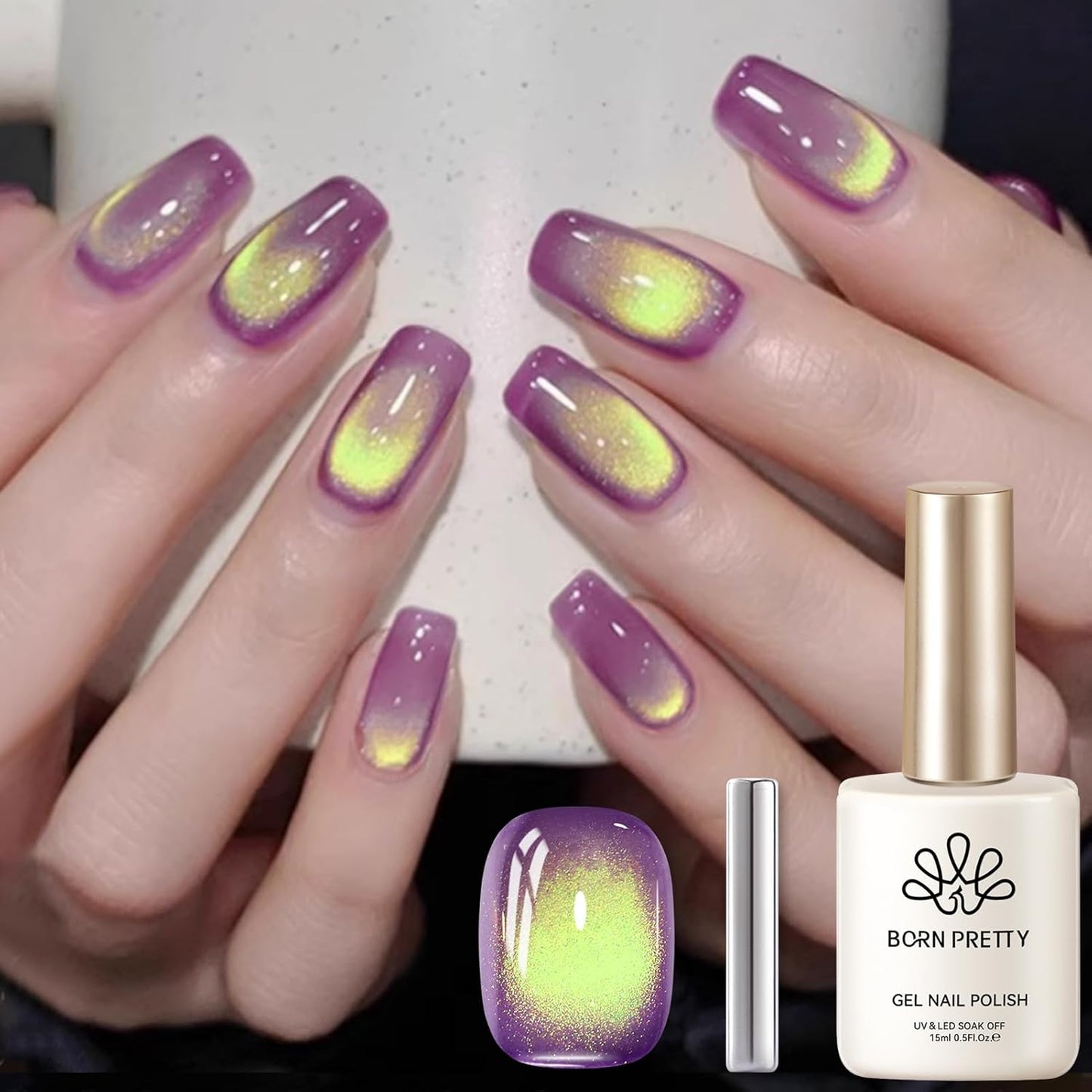 BORN PRETTY Cat Magnetic Eye Gel Nail Polish, Magenta Yellow Cat Glitter Cat Magnetic Gel Nail Polish Honey Trap Magnetic Nail Polish for Nail Art Manicure Salon DIY at Home 15ML-Velvo Beauty