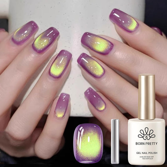 BORN PRETTY Cat Magnetic Eye Gel Nail Polish, Magenta Yellow Cat Glitter Cat Magnetic Gel Nail Polish Honey Trap Magnetic Nail Polish for Nail Art Manicure Salon DIY at Home 15ML-Velvo Beauty