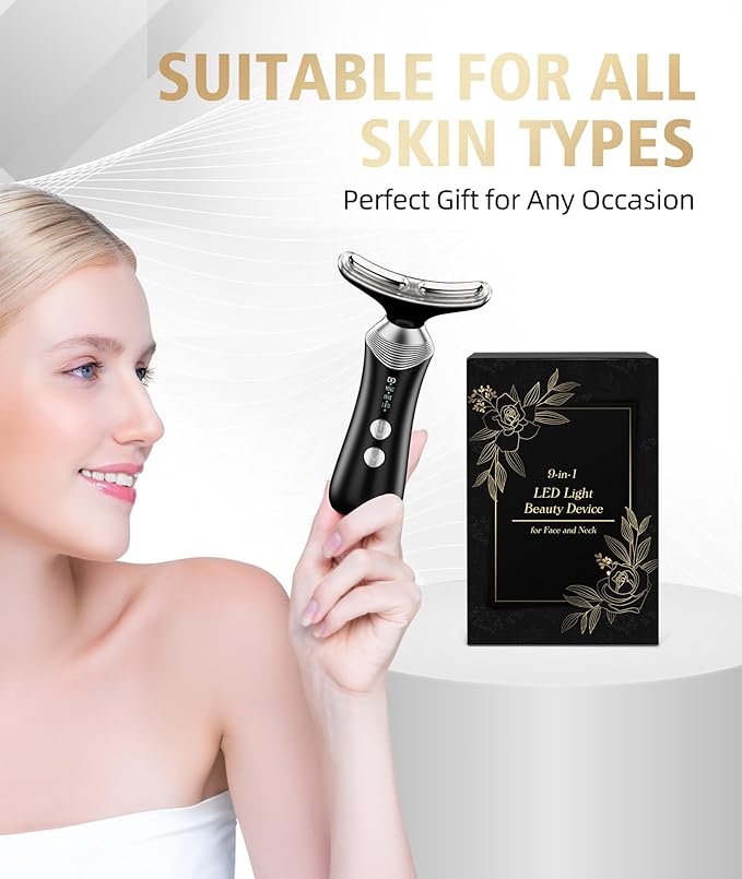 9-in-1 Red-Light-Therapy-for-Face-and-Neck, Portable Facial Massager Tool with Adjustable Vibration & Thermals for Wrinkles, Double Chin, Black-Velvo Beauty