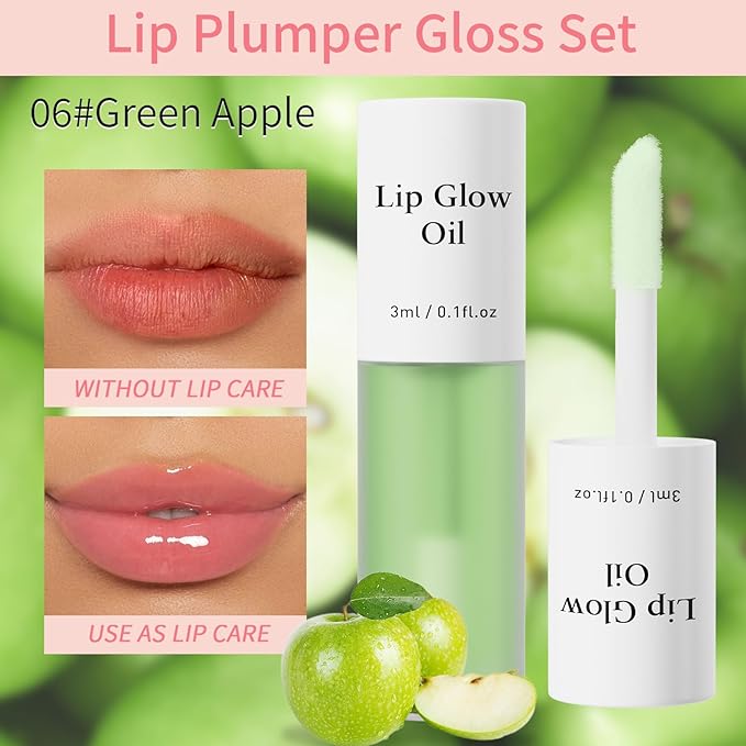 Hellokiss 3Pcs Lip Glow Oil,Moisturizing Lip Plumper Gloss,3 Fruit Flavoured Lip Balm Lip Care,Clear Plumping Lip Gloss,Non-Sticky Long Lasting Hydrating Lip Oil(Honey,Green Apple,Coconut)-Velvo Beauty