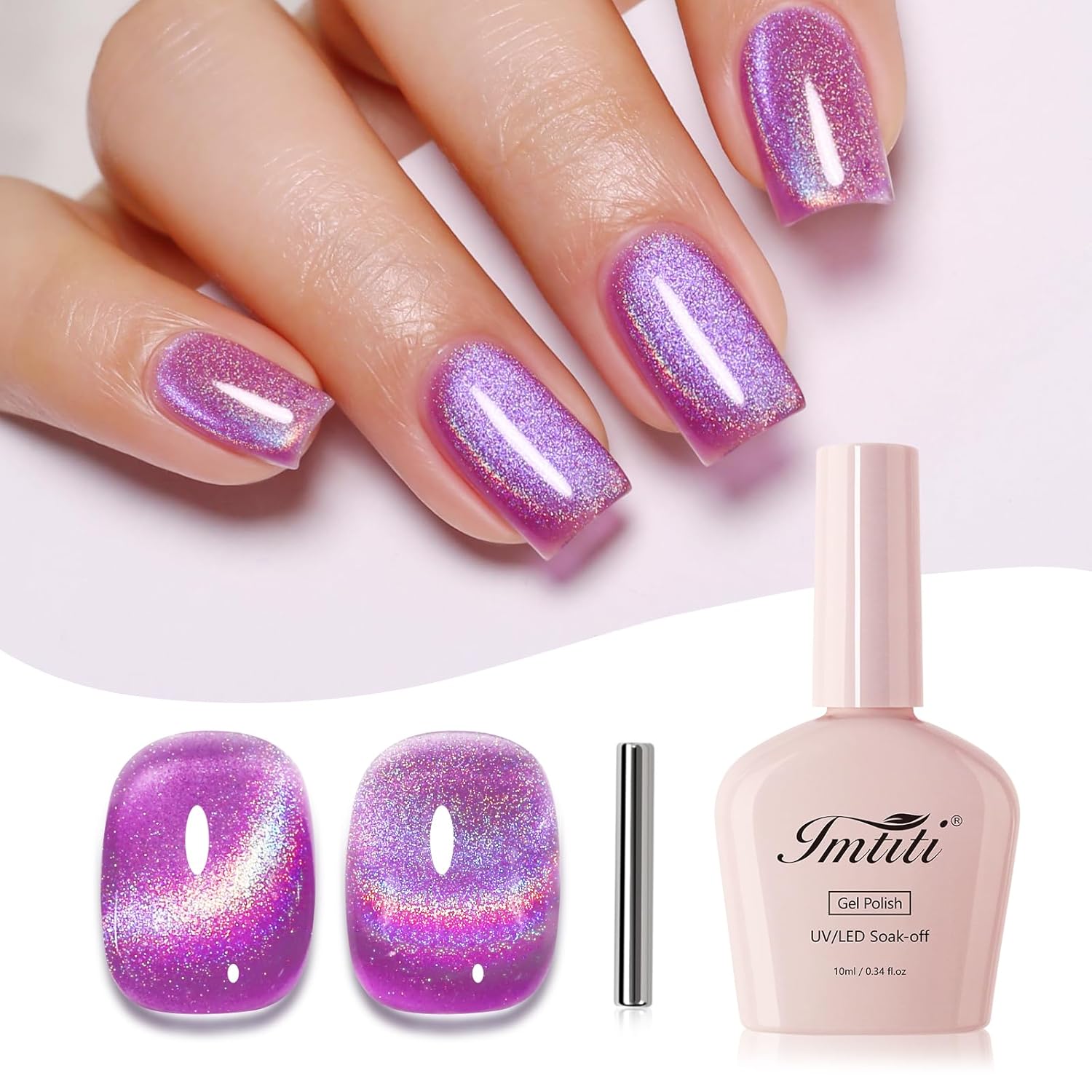Imtiti Cat Eye Gel Nail Polish, Purple Rainbow Holographic Magnetic Gel Polish With Magnet Glittery Iridescent Galaxy Nail Gel Polish Spring Summer Gel Polish Kit Soak Off UV Led 10ML-Velvo Beauty