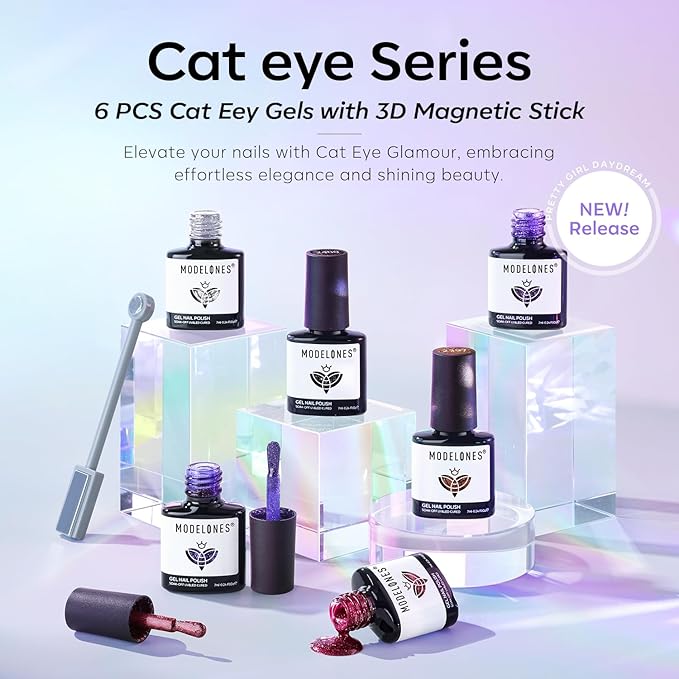modelones Cat Eye Gel Nail Polish Set, 6 Colors 9D Glassy Cat Eye Glitter Gel Polish Black Red Purple Blue Silver Brown Nail Polish All Seasons with Magnet Soak Off Led DIY Salon Gift-Velvo Beauty