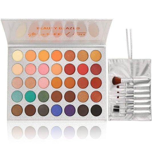 35 Colors Eyeshadow Palette with 7Pcs Makeup Brushes Set, All in One Makeup Kit Matte Shimmer Pigmented Eye Shadow Pallete Waterproof Powder Natural Nude Naked Smokey-Velvo Beauty