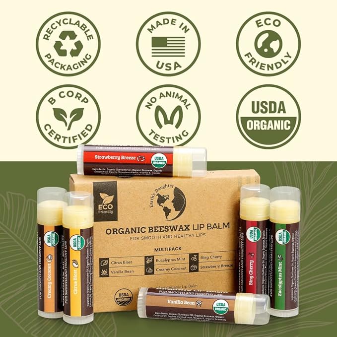 USDA Organic Lip Balm 6-Pack by Earth's Daughter - Fruit Flavors, Beeswax, Coconut Oil, Vitamin E - Best Lip Repair Chapstick for Dry Cracked Lips - Moisturizing Lip Care-Velvo Beauty