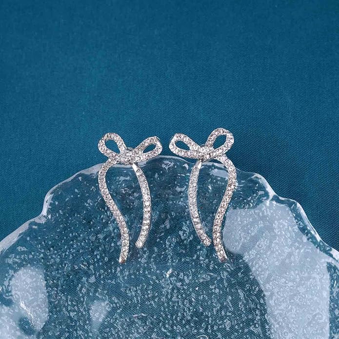 Vintage Crystal Bow Earrings Rhinestone Bow Drop Earrings Long Cz Rhinestone Earrings Gold Bow Cz Stud Earrings Jewelry for Women-Velvo Beauty