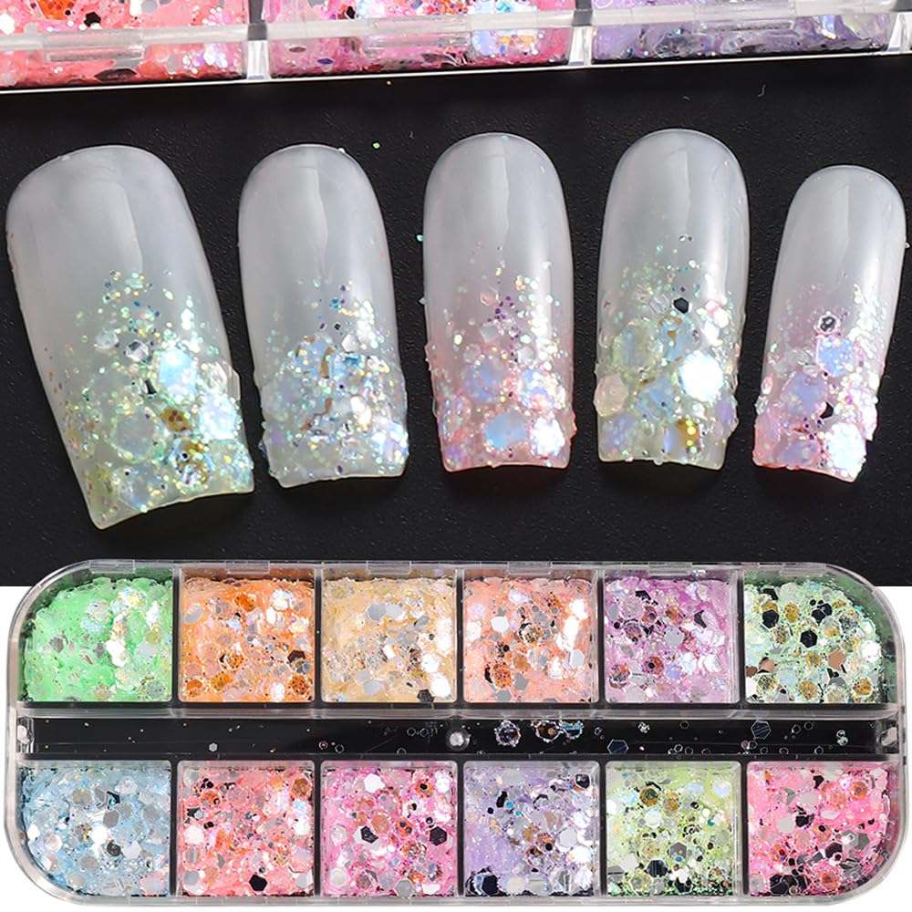 12 Grids Colorful Mermaid Nail Sequin Holographic Nail Art Glitter,Iridescent Nail Art Flake Glitter Decals Glass Paper Design Nail Accessories Acrylic Nails for Women Make Up DIY Nail Decoration-Velvo Beauty