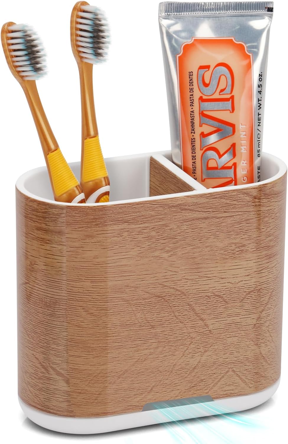 Toothbrush and Toothpaste Holder with Divider for Bathroom Countertop Organizer, 2 Slots Electric Toothbrush Holders Storage Caddy Drainage for Family, Kids(Wood Grain)-Velvo Beauty