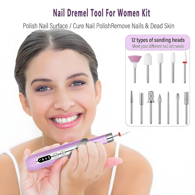 Electric Nail Drill File Cordless,Portable Rechargeable Nail File Kit for Acrylic & Gel Nails,Professional Efile for Manicure Pedicure Polishing,with 12 Nail Drill Bits 31 Sanding Bands,Purple-Velvo Beauty
