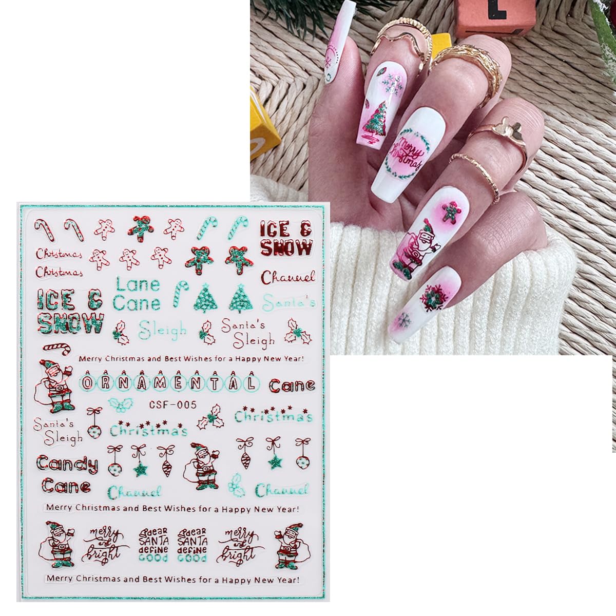 JMEOWIO 9 Sheets Christmas Glitter Nail Art Stickers Decals Self-Adhesive Green Red Snowflake Winter Holiday Nail Supplies Nail Art Design Decoration Accessories-Velvo Beauty